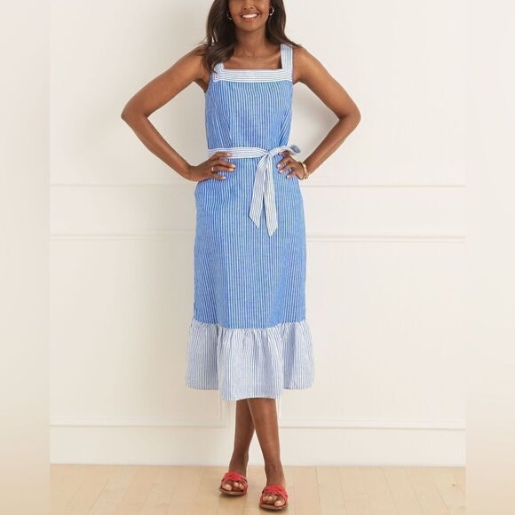 Talbots STRIPE TIE WAIST LINEN MIDI DRESS - Picture 3 of 8